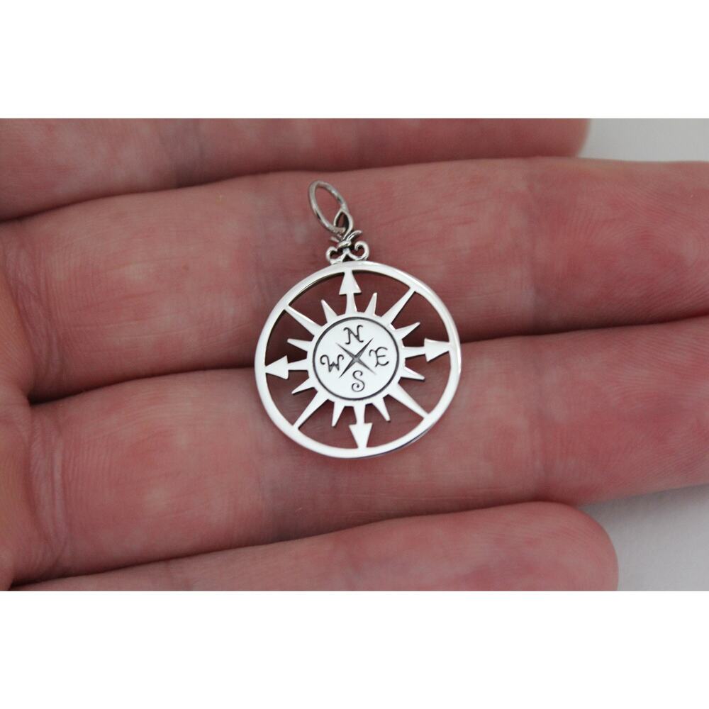 Sterling Silver Compass Rose Charm Necklace, Silver Compass Rose Charm